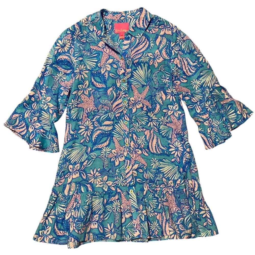 Lilly Pulitzer Linen Coastal Starfish Shell Print Bell Sleeve Dress Size M